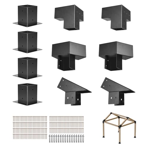 VEVOR Pergola Kit, 4x4 Inch Pointed-Roof Pergola Brackets for 3.5x3.5 in Lumbers in Actual Size, 3-Way / 4-Way Gazebo Bracket with Post Bases & Ridge Brackets for Outdoor Pergolas Gazebo Shed, 14 Pcs - size: 4PC 3Way+4PC 2Way+2PC Riddge +4PC Base 4*4 SET