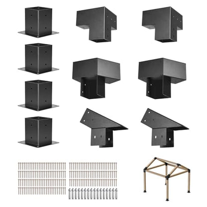 VEVOR Pergola Kit, 4x4 Inch Pointed-Roof Pergola Brackets for 3.5x3.5 in Lumbers in Actual Size, 3-Way / 4-Way Gazebo Bracket with Post Bases & Ridge Brackets for Outdoor Pergolas Gazebo Shed, 14 Pcs - size: 4PC 3Way+4PC 2Way+2PC Riddge +4PC Base 4*4 SET