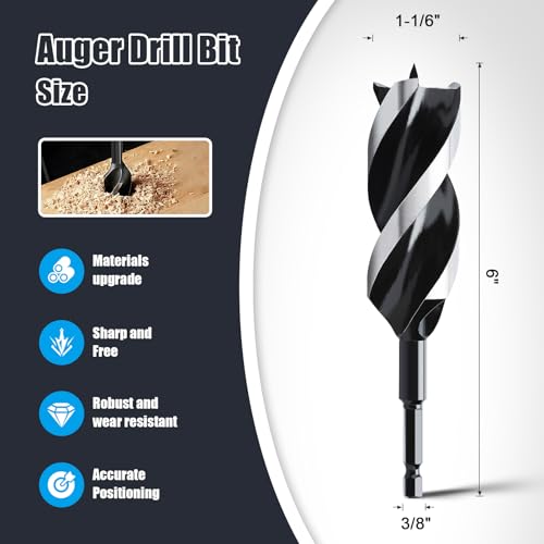 1-1/6" x 6" Auger Drill Bit for Wood,Hex Shank Tri Flute Drill Bit - size: 1-1/6"x6"