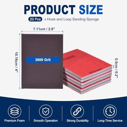 20Pcs 3000Grit Sanding Sponges, 4x2.8In Hook & Loop Black - size: 3000 Grit