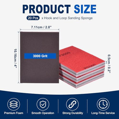 20Pcs 3000Grit Sanding Sponges, 4x2.8In Hook & Loop Black - size: 3000 Grit