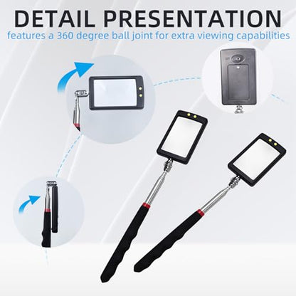 2Pcs Telescoping Lighted Inspection Mirror, Extendable Inspection Mirror