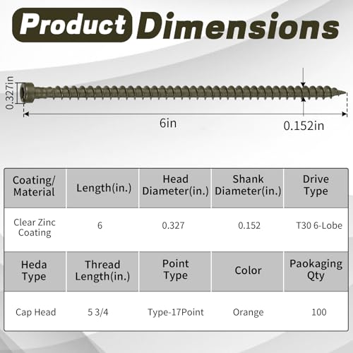 100 Pcs Truss Screws,6 Inch Structural Screws for Truss Rafter to Plate and Stud to Plate Connections,Clear Zinc (Gray Topcoat) - color: Gray Topcoat