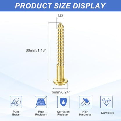 MECCANIXITY 35 Pcs Brass Screws, M3 x 30mm Solid Slotted Round Head Self-Tapping Wood Screw Fasteners for Woodworking Furniture Repair Photo Frame Drywall Home Appliances, Gold - size: M3 x 30mm