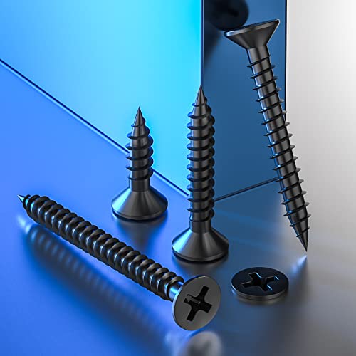 Wensilon (300Pcs) #8x1-1/2 Black Wood Screw Quick Metal Self Tapping Flat Head - color: Black, size: #8x1-1/2