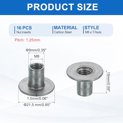 MECCANIXITY 16Pcs M8x17.5x15mm Brad Hole Tee Nut Carbon Steel T-Nut Round Base Plate Nut Furniture Hardware Flange Female Thread Insert Nuts for Wood Furniture - size: M8x17.5x15mm