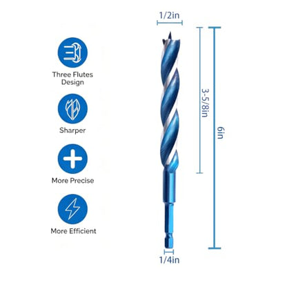 Auger Wood Drill Bit 1/2" x 6" x 2 Packs, Tri-Flute, 1/4 Inch Quick Change Hex Shank - size: 1/2" x 6" x 2Pcs