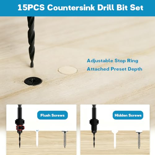 15-Piece Countersink Drill Bit Set for Woodworking