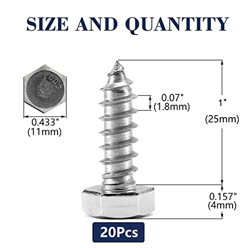 1/4" x 1" Hex Head Lag Screws Bolts 20Pcs 304 Stainless Steel 18-8, Partial Thread, Hexagon Head Wood Screws by SG TZH - size: 1/4-20 x 1"