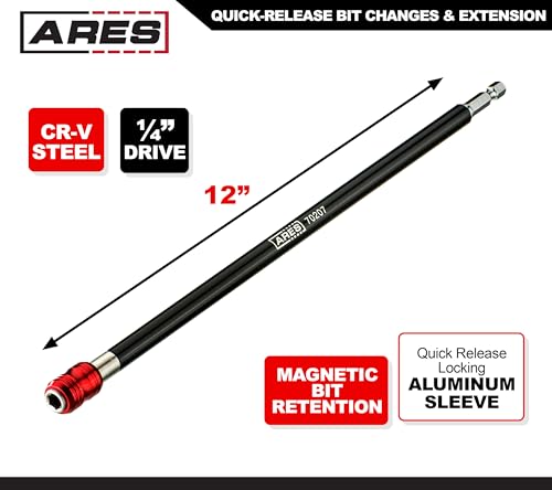 ARES 70207 12-In Drill Extension Bit Holder - Quick Release, 1/4-In - size: 12-Inch Quick Release Extension Bit Holder