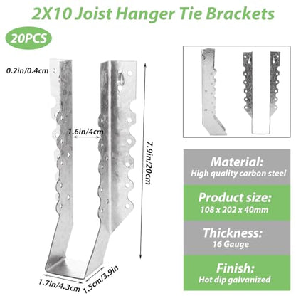 20PCS 2x10 Joist Hanger, 18 Gauge Galvanizing Face Mount Joist Hangers, Hurricane Ties for Rafters Tie Brackets Great for Floor Deck, Ceiling Joists, Wood, Roofs