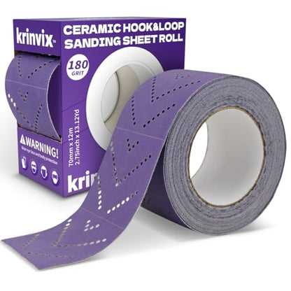180 Grit Purple Hook & Loop Sandpaper Roll, 70mm x 12m, Ceramic Abrasive with Multi-Hole Dustless Design for Automotive, Wood & Metal, Ideal for Body Repair, Paint Prep & Coating Removal - style: 180 Grit