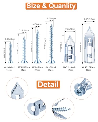 Self Drilling Drywall Anchors with Screws for Shelf, Mirror,Picture Frames - color: Silver-420Pcs