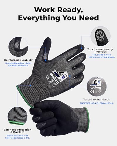 toolant ComfyCut A5 Cut Resistant Work Gloves, ANSI & EN388 Certified Protection with Second Skin Comfort, Fiberglass-Free, Touchscreen & Flexible Grip, for Woodworking, Warehouse, Assembly, Large - size: Large