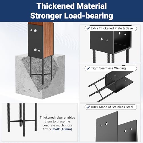 U Shape 6"x6" (Actual 5.6x5.6) Post Base Wet Concrete Fence Bracket Heavy Duty Stainless Steel Deck Railing Wood Fence Sheds Porch Flange Pergola Mailbox Ground Holders Support, 2pk black