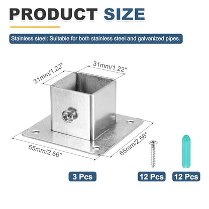 uxcell 3Pcs Square Post Base for 1.2x1.2 Posts Fittings, 1.9mmT Stainless Steel Flange Bases Deck Post Brackets Heavy Duty for Deck Fence Railing Handrail Mounting - size: 1.2" x 1.2"