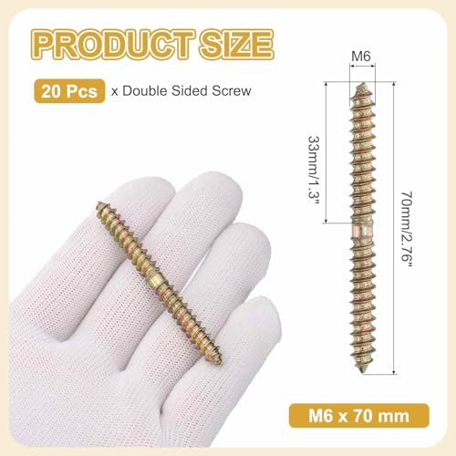 MECCANIXITY 20 Pcs Double Ended Screws, M6 x 70 mm Carbon Steel Hanger Bolts, Self-Tapping Wood Dowel Screws for Wood Joint Furniture, Color Zinc - size: M6 x 70 mm