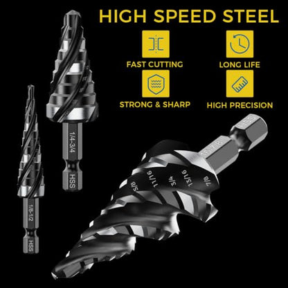 5PCS Four Spiral Flute Step Drill Bit Set&Heavy Duty Automatic Center Punch - size: 6 Pieces