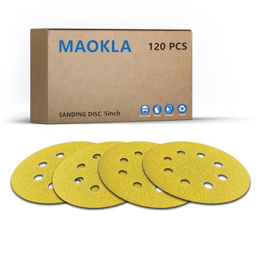 120PCS 220 Grit 5 Inch Sanding Discs, 8 Hole, Hook and Loop, Sandpaper for Orbital Sander, Wood, Metal, Auto - style: 5-Inch