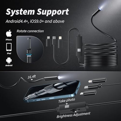 Endoscope Camera with Light, 1920P HD Borescope with 8 Lights (Single Lens)