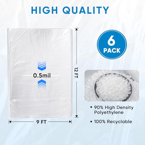 TICONN 12 x 9 Ft Plastic Drop Cloth for Painting, Waterproof Painters Plastic Sheeting, Painting Tarp for Furniture Cover, Floor Protection (6PK, 0.5Mil) - size: 0.5 Mil
