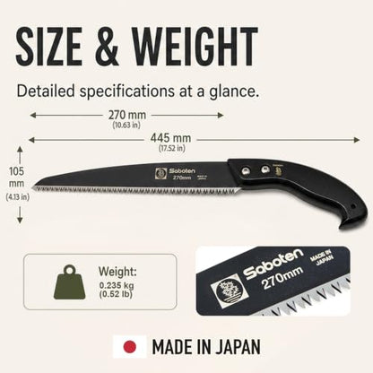 Saboten Japanese Pruning Saw with Wood Sheath, Fluorine-Coated High-Carbon Steel Blade, Precision Pull Cut Hand Saw for Tree Branches – forest Originals, Made in Japan (270mm (10.6 inch)) - size: 270mm (10.6 inch)