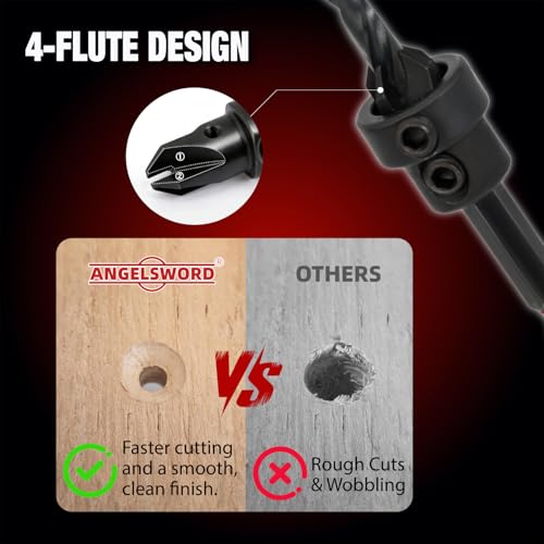 ANGELSWORD Countersink Drill Bit Set, 8PCS Tapered Drill Bits Counter Sink Drill Bit, #4, #6, #8, #10, #12, Depth Stop Ring