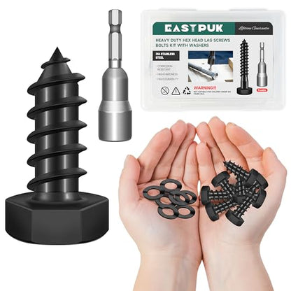 (15Sets) 3/8" x 1" Hex Head Lag Bolts, Heavy Duty Lag Screws with Washers, 304 Stainless Steel, 3/8 Bolt for Wood, Fully Thread, Black Oxide - size: 3/8" x 1"