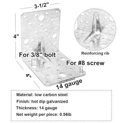 4 Pack 4x4 Galvanized Steel L Angle Bracket for Wood 90 Degree Corner Brace