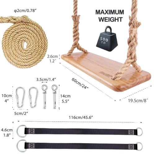 Hanging Wooden Tree Swing with Adjustable Hemp Rope and Tree Straps - color: Raw Wood