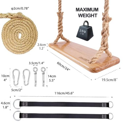 Hanging Wooden Tree Swing with Adjustable Hemp Rope and Tree Straps - color: Raw Wood
