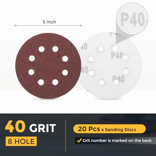 HARFINGTON 20 Pcs 5 Inch Sanding Discs 40 Grit Red Aluminum Oxide 8 Hole - size: 5 Inch(40 Grit)