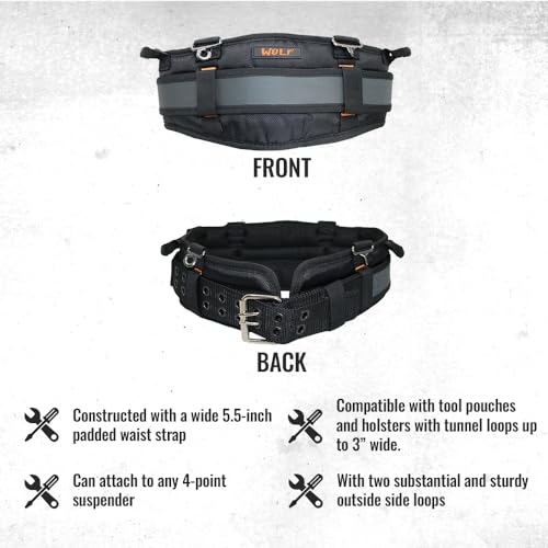 WOLF WTH2110 Heavy-Duty Ballistic Padded Tool Work Belt | Compatible w/Pouches, Holsters & 4-Point Suspenders | Body Waist Comfort Lightweight Breathable | Contractors Handyman | Tongue Buckle - size: Small