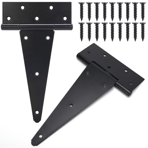 10 Inch T-Strap Gate Hinges, Heavy Duty Shed Door Hinges, Black Tee Hinges for Wooden Fences, Yard Gates, Rustproof Wrought Iron Hardware, 2 Pack - size: 10 Inch