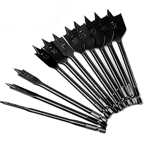 11pc SAE Spade Bits 1/4"-1-1/2" - Flat Wood Boring Set for Fast Drilling