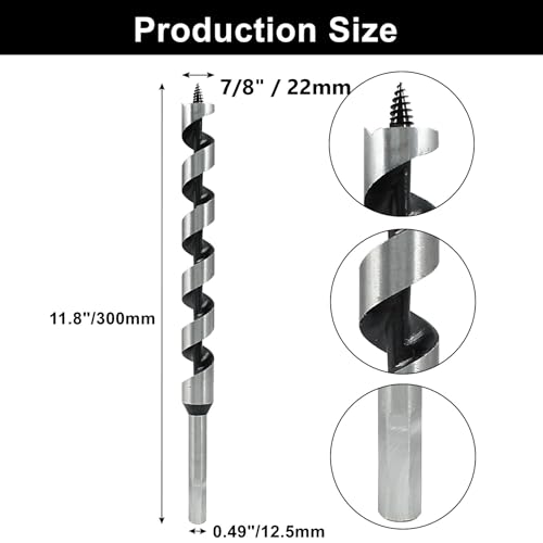 Muretnze 7/8" x 12" Long Auger Drill Bit, Hex Shank 3/8" - size: 7/8 Inch Diameter x 12 Inch Length