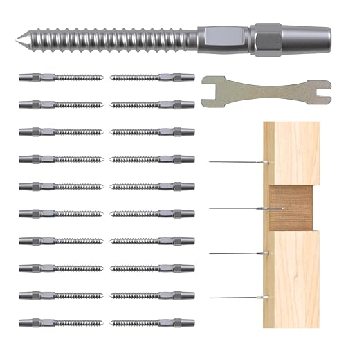 10 Pair Deck Cable Railing Kit for Wire System, 1/8" T316 Stainless Steel Cable Railing Hardware System, Invisible Crimp Fitting for Wood Post with Right&Left Handed Thread Swage Lag Screws - color: Silver