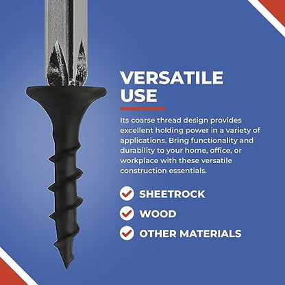 3/4 Inch N.6 Coarse Thread Drywall Screw, Sharp Point, Black, 2 Bugle Head Phillips Drive, 1 Lb. Ideal Screw for Drywall Sheetrock, Wood, and More, 400 Screws
