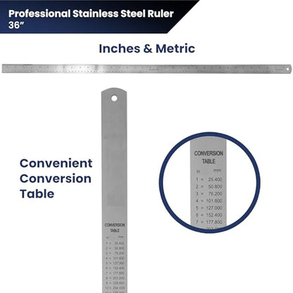 Pacific Arc 36 Inch Stainless Steel Ruler with Inch/Metric Conversion Table - style: 36 In