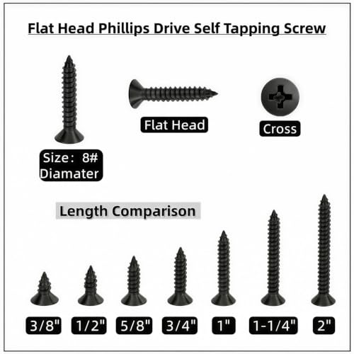 #8 x1/2 [100 Pack] Flat Head Phillips Drive Self Tapping Screws, Sheet Metal Screws, Black Oxide, 304 Stainless Steel (18-8), Corrosion Resistant Screw for Wood, Sheet Metal and More - size: #8 x1/2