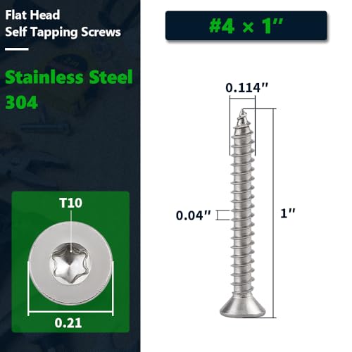 100 Pcs #4 x 1 Torx Flat Head Sheet Metal Screws with Bit, 304 Stainless Steel 18-8, 6-Lobe Star Drive Self Tapping Screws for Hinges & 3D Printing - size: #4 x 1"