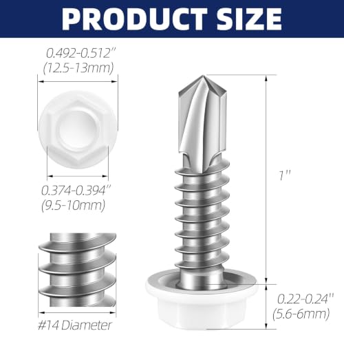 #14 x 1 Hex Washer Head Self Drilling Sheet Metal Screws with Drill Point, Stainless Steel 410, White Head, 50 PCS - color: White, size: #14 x 1"