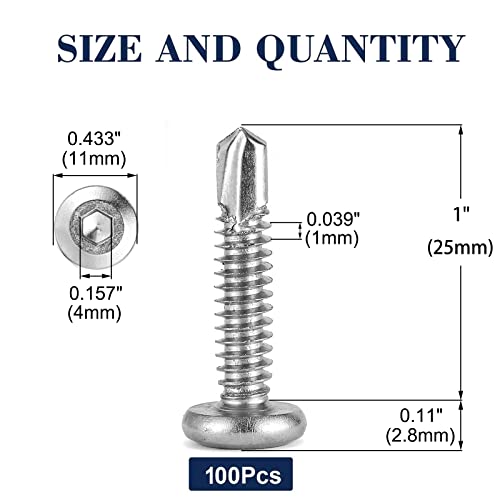 12 x 1" Stainless Steel Flat Head Socket Cap Screws, 100Pcs, Allen Socket Drive, Self Tapping - size: #12 x 1"