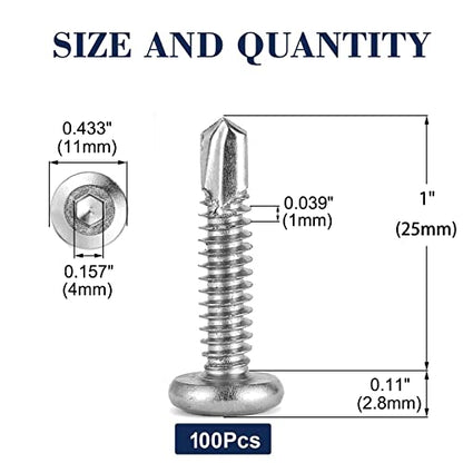 12 x 1" Stainless Steel Flat Head Socket Cap Screws, 100Pcs, Allen Socket Drive, Self Tapping - size: #12 x 1"