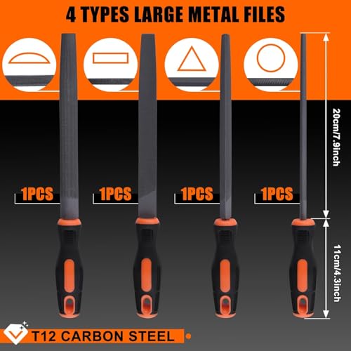 25PCS Metal File Set with Storage Bag, T12 Drop Forged Carbon Steel Flat/Triangle/Half-Round/Round Large File and 12PCS Precision Needle File with Sandpaper Brush Gloves, Work for Metal, Wood