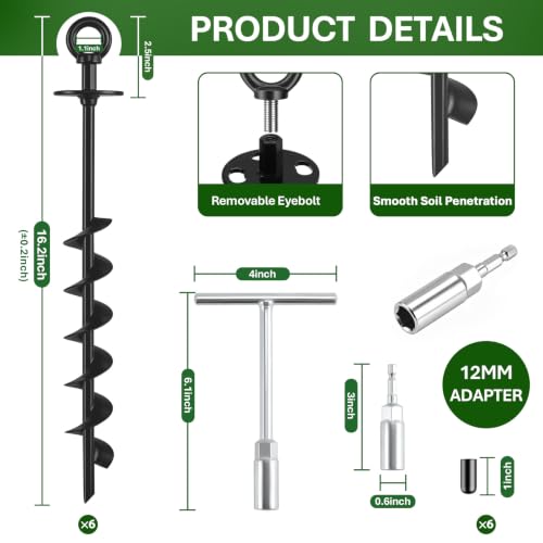 Heavy Duty Ground Anchors Screw in with Drill Adapter & T-Wrench - size: 6 Pack