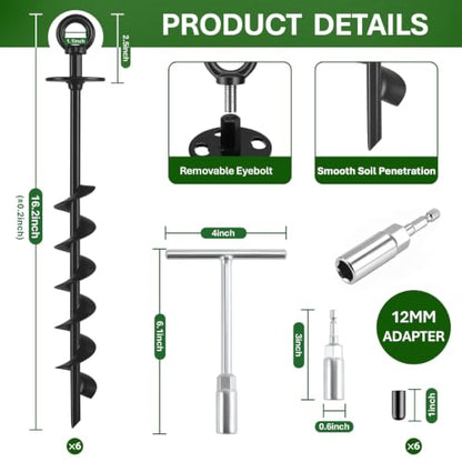 Heavy Duty Ground Anchors Screw in with Drill Adapter & T-Wrench - size: 6 Pack