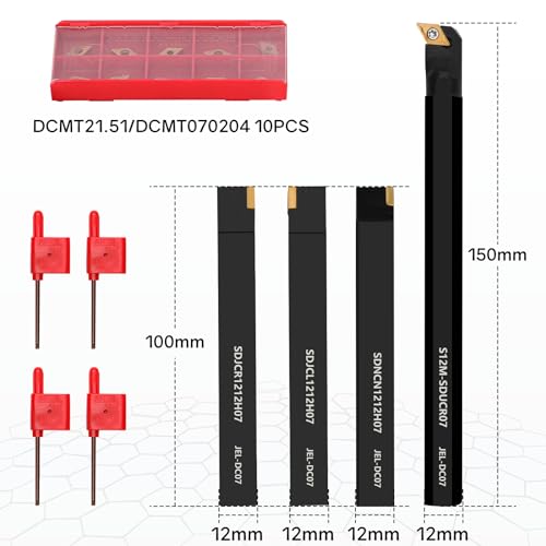 Indexable Lathe Turning Tool 1/2" 12mm Shank 14PCS Kit-4PCS Metal Lathe Tools Holder 10PCS DCMT21.51 Carbide Insert for Grooving Turning Boring SDNCN12120H07/SDJCR1212H07/S12M-SDUCR07/SDJCL1212H07 - style: 4pcs 1/2'' 12mm 07Shanks+10pcs Inserts