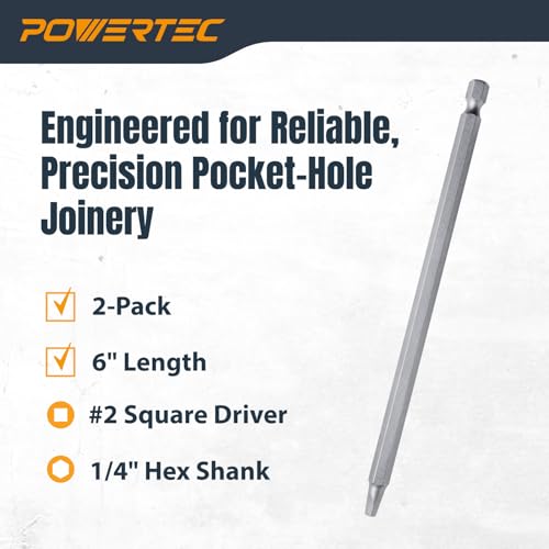 POWERTEC 72259 6 Inch Square Driver Bit Set - #2 Square Head, 1/4" Hex Shank, for Woodworking & Construction (2 Pack) - style: 2PK 6" #2 Square Driver Bit
