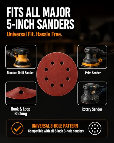 300PCS 5" Hook & Loop Sanding Discs, 8 Hole, P40-P400 Assorted
